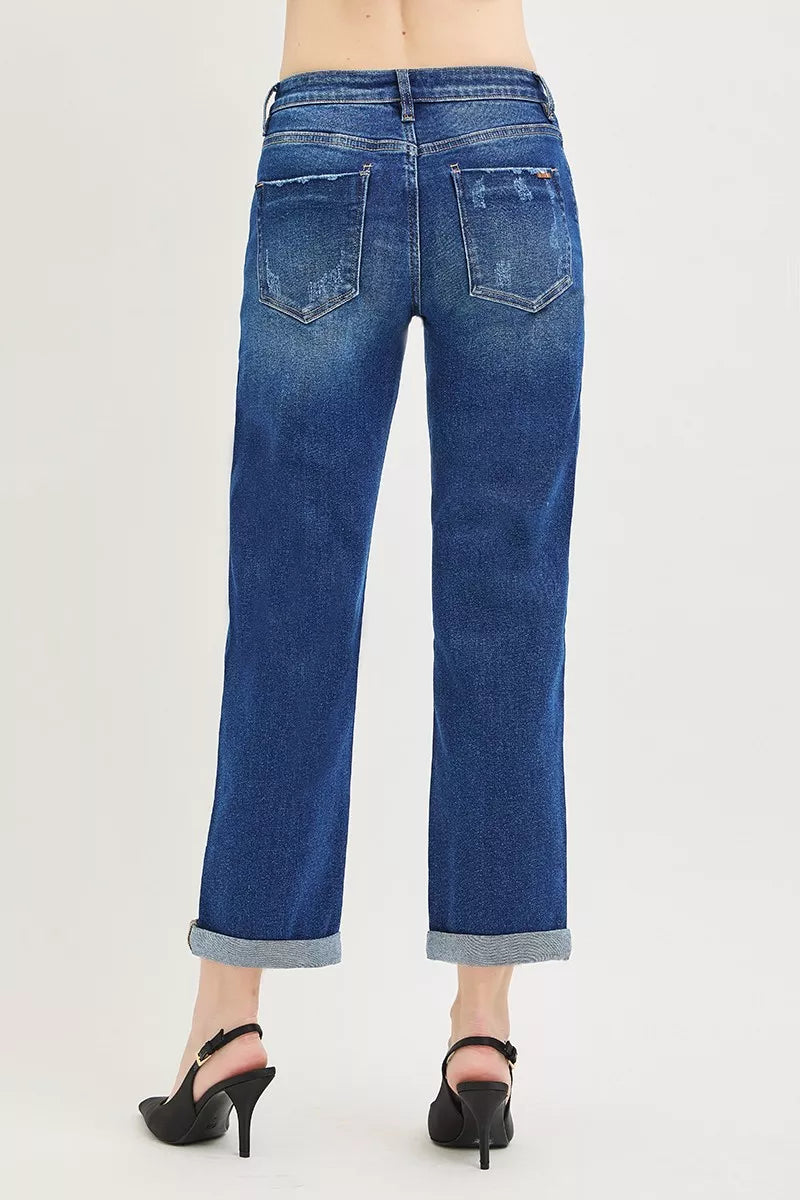 Dark-wash cropped boyfriend jeans with cuffed hem, back pockets