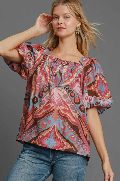 Full Size Abstract Print Smocked Square Neck Puff Sleeve Blouse - Tigbul's Variety Fashion Shop