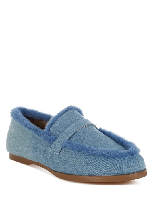 Nivena Fur Detail Blue Denim Loafers Shoes Flats - Tigbul's Variety Fashion Shop