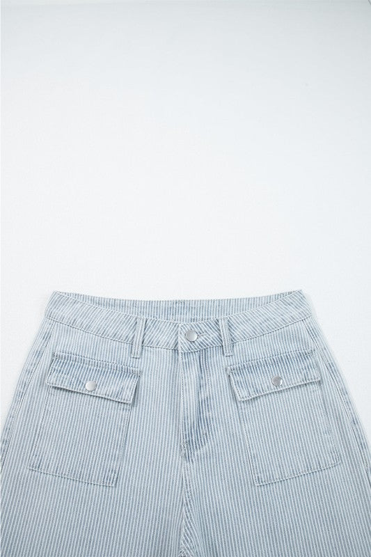 Sky blue stripe wide-leg jeans waist close-up with belt loops and front patch pockets
