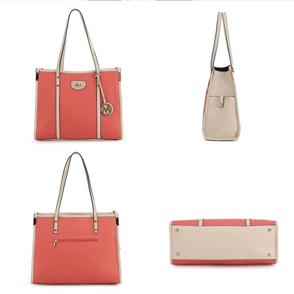 Coral oversized tote collage: front, side, back panel, and flat bottom view with straps