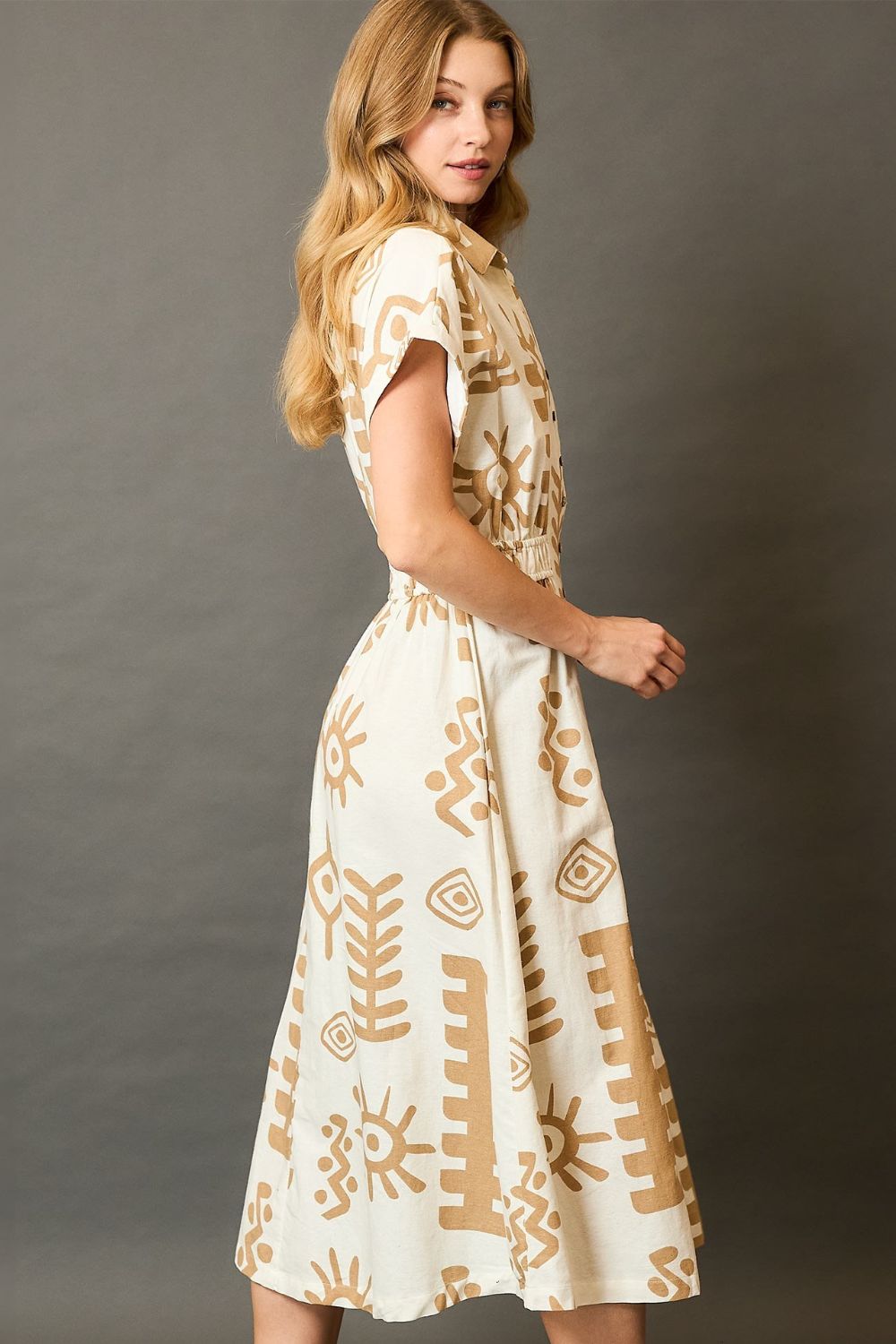 Umgee Full Size Abstract Print Elastic Waist Midi Dress Plus Size - Tigbul's Variety Fashion Shop