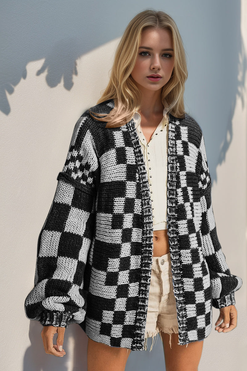 Open Front Checkered Drop Shoulder Cardigan - Tigbul's Variety Fashion Shop