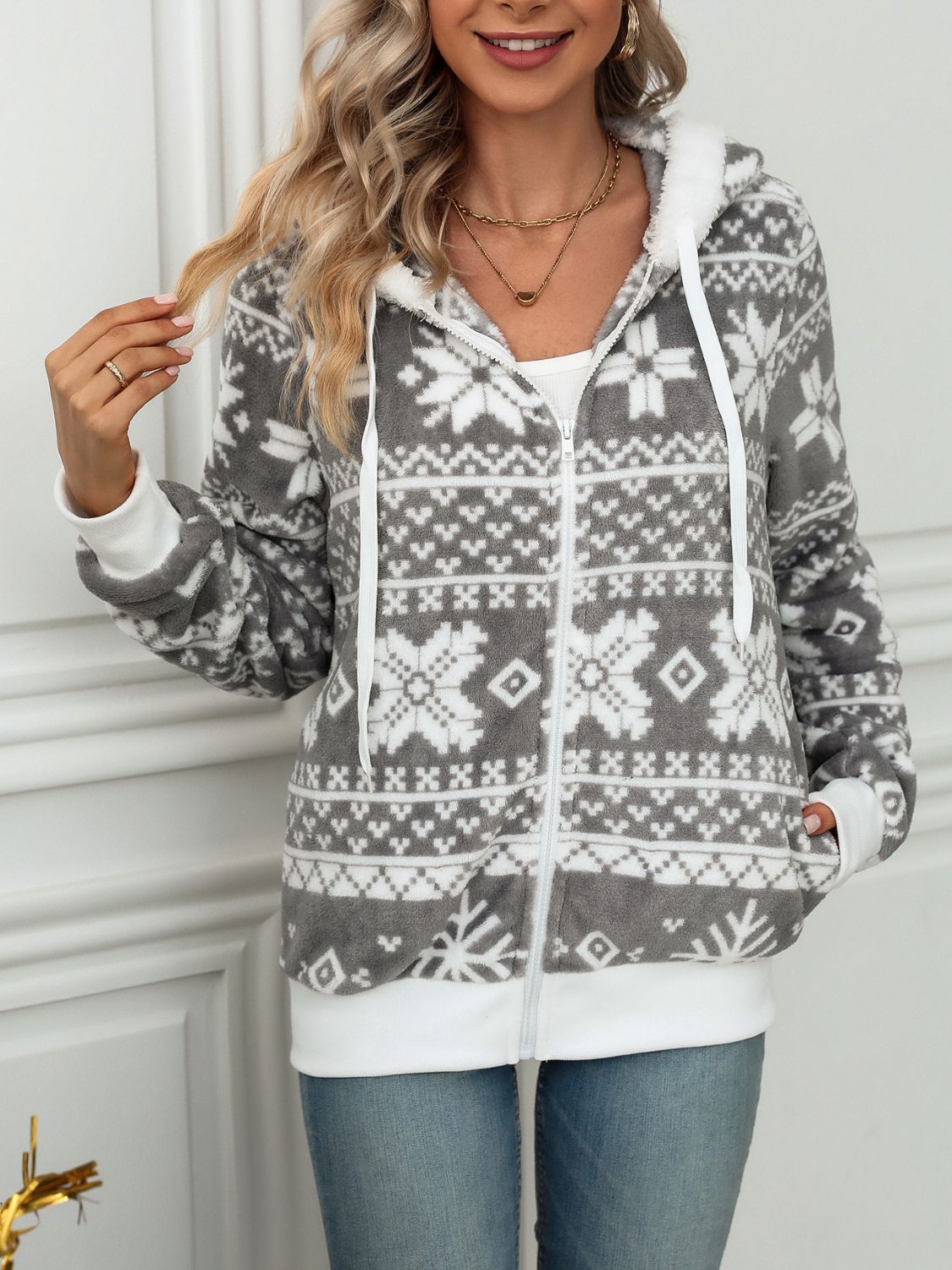 Drawstring Snowflake Zip Up Hooded Outerwear - Tigbul's Variety Fashion Shop