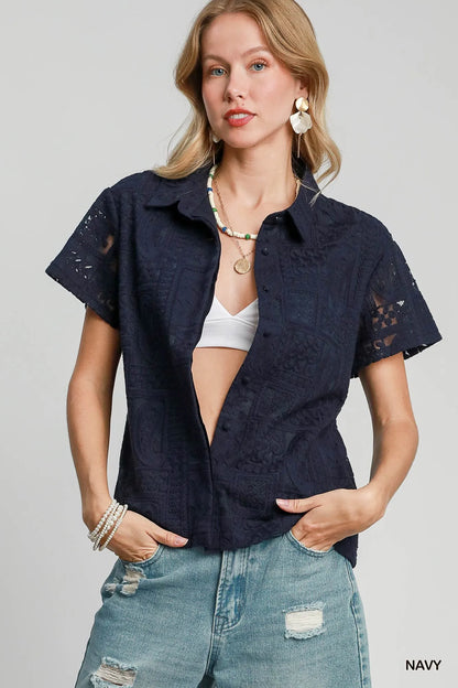 Umgee Patch Lace Short Sleeve Button Down Shirt - Tigbul's Variety Fashion Shop