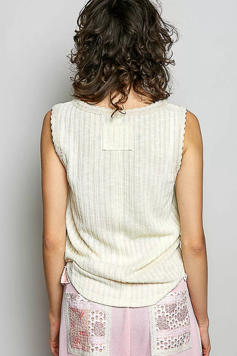 POL Ribbed Round Neck Tank with Lace Trim - Tigbul's Variety Fashion Shop