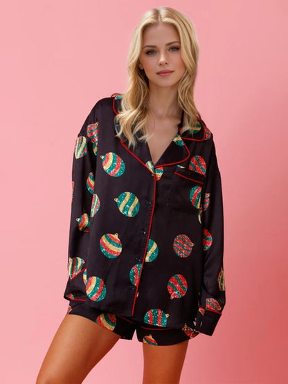 Printed Collared Neck Long Sleeve Top and Shorts Set - Tigbul's Variety Fashion Shop