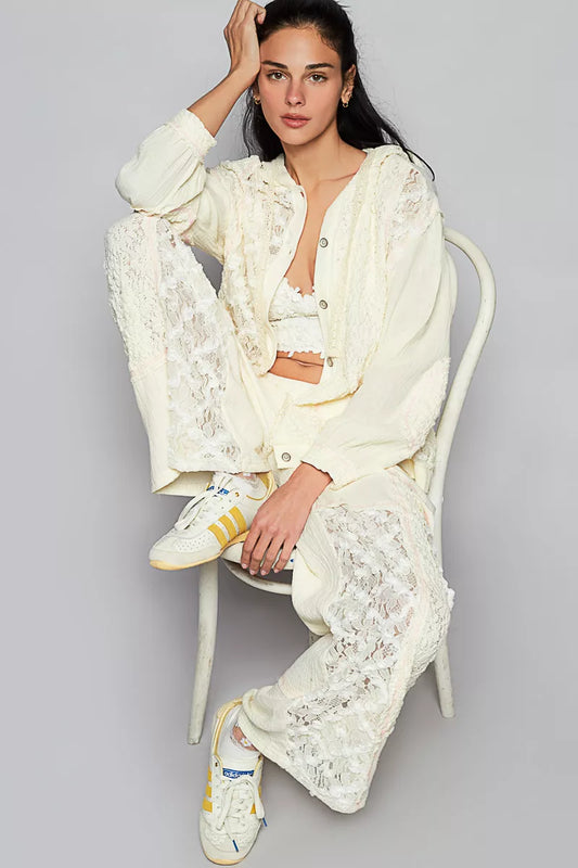 POL Exposed Seam Button Down Hooded Jacket with Lace Detail - Tigbul's Variety Fashion Shop