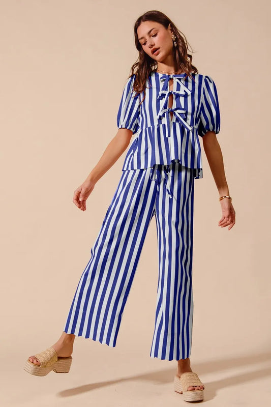 Front Tie Stripe Puff Sleeves Top and Wide Leg Pants Set - Tigbul's Variety Fashion Shop