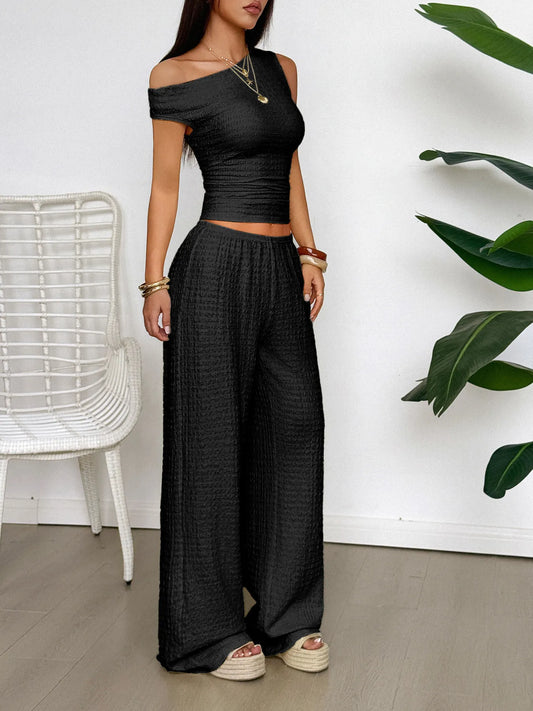 One Shoulder Top and Wide Leg Pants Set - Tigbul's Variety Fashion Shop