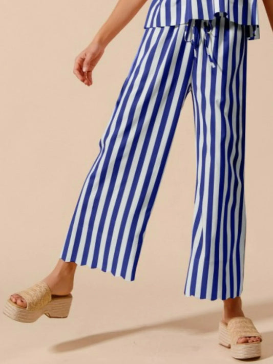 Front Tie Stripe Puff Sleeves Top and Wide Leg Pants Set - Tigbul's Variety Fashion Shop