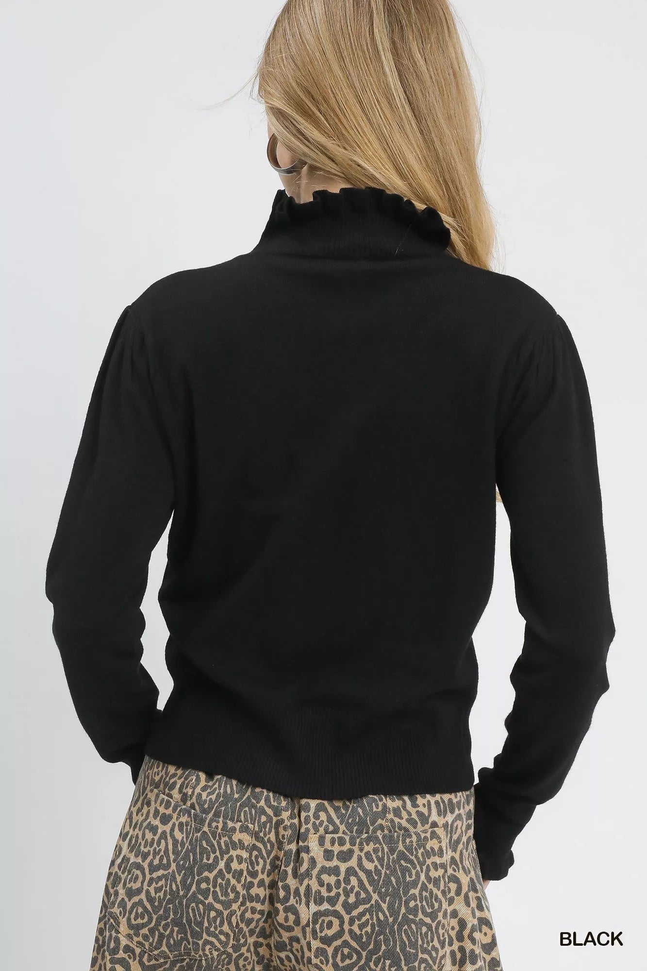 Umgee Ruffle Mock Neck Puff Sleeve Sweater - Tigbul's Variety Fashion Shop
