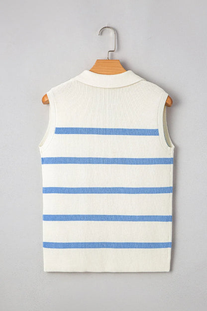 Stripe Split V Neck Collared Ribbed White Sweater Vest - Tigbul's Variety Fashion Shop