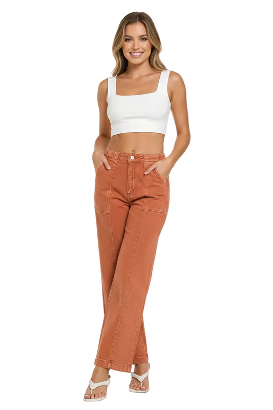 Rust Color Straight Leg Utility Pocket Jeans - Tigbul's Variety Fashion Shop