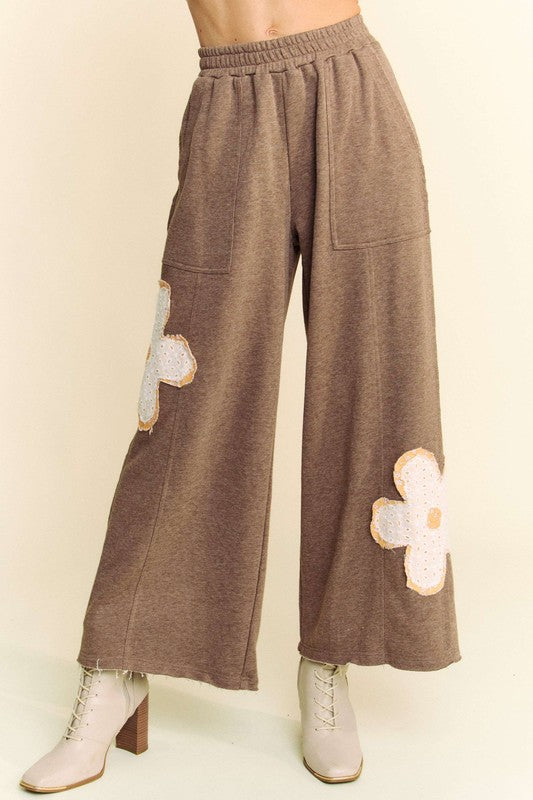 Brown Flower Patch Elastic Waist Wide Leg Pants - Tigbul's Variety Fashion Shop