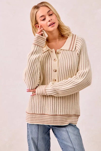 BiBi Half Button Ribbed Two Tone Sweater - Tigbul's Variety Fashion Shop