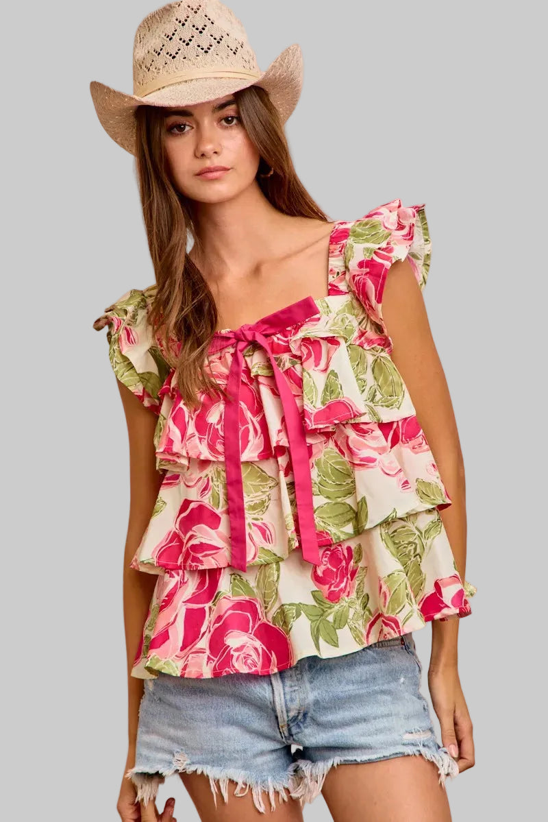 Pink Floral Print Woven Bow Tie Ruffle Square Neck Top | Tigbuls