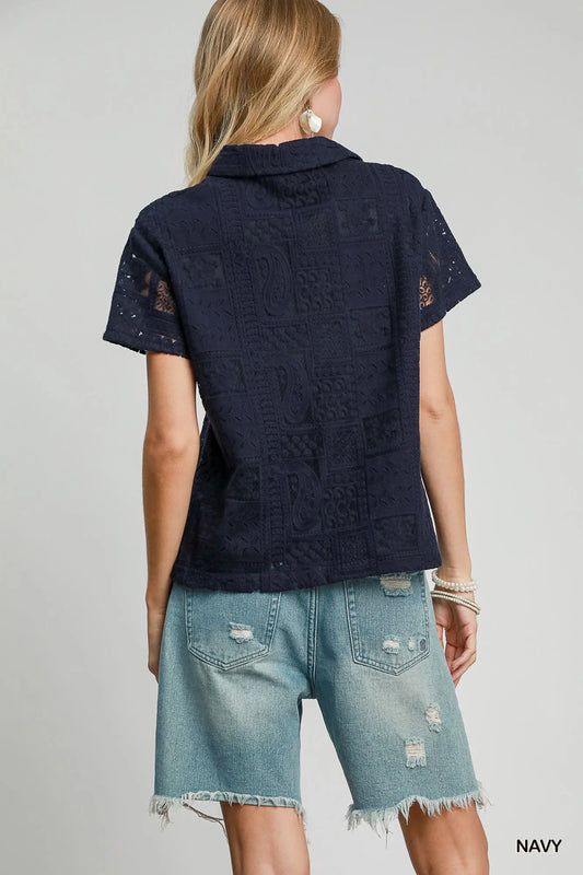 Umgee Patch Lace Short Sleeve Button Down Shirt - Tigbul's Variety Fashion Shop