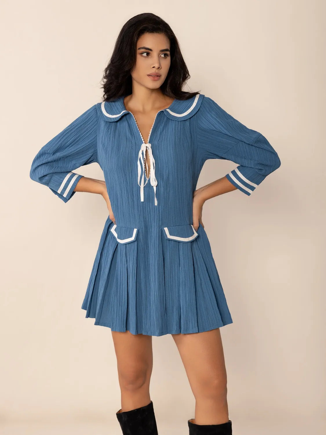 Tie Front Pleated Three-Quarter Sleeve Blue Mini Dress - Tigbul's Variety Fashion Shop