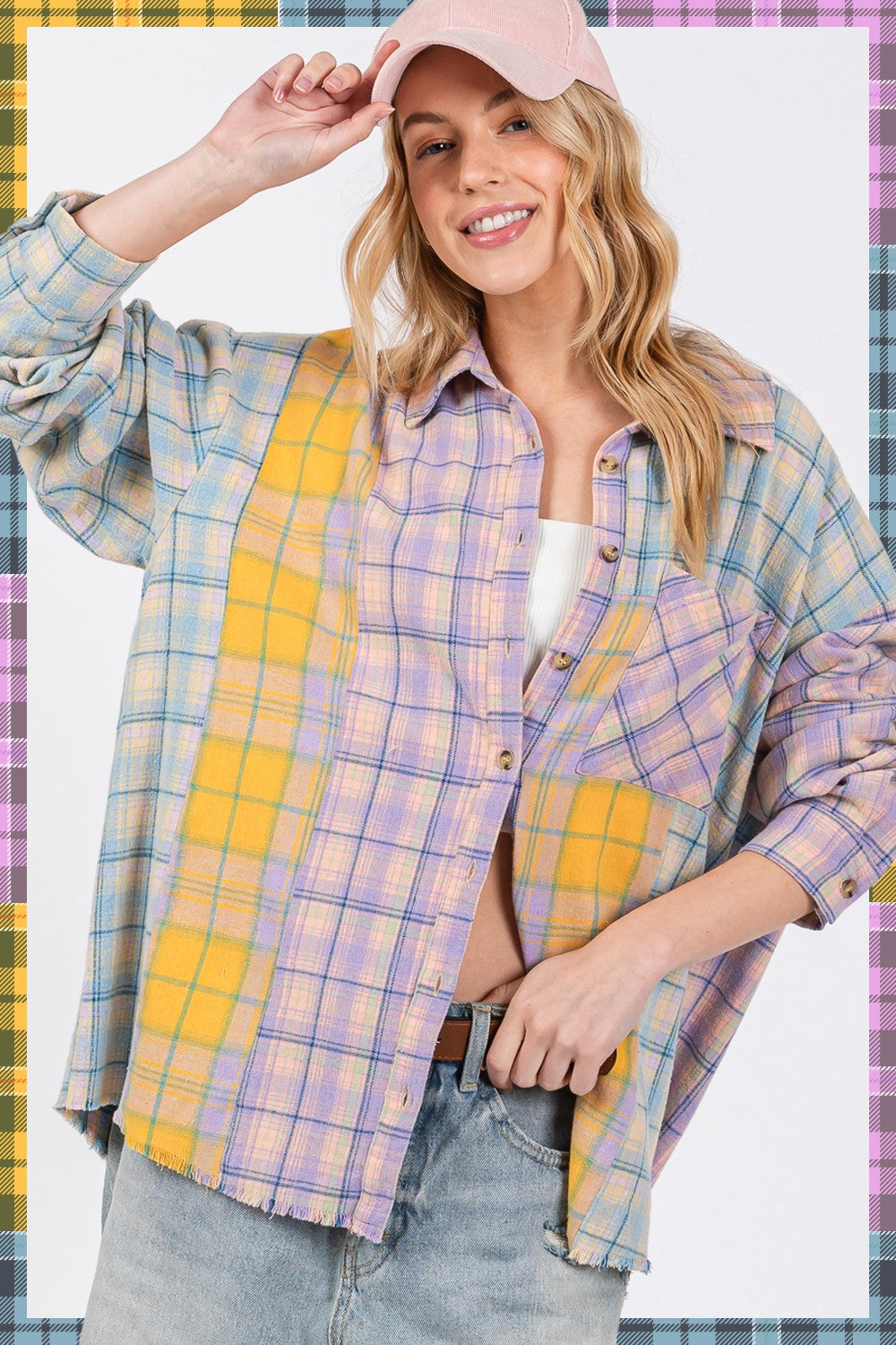 SAGE + FIG Button Up Raw Hem  Plaid Flannel Shirt - Tigbul's Variety Fashion Shop