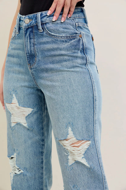 Judy Blue Full Size High Waist  Rigid Magic Star Shaped Destroy 90's Straight Jeans Plus Size - Tigbul's Variety Fashion Shop