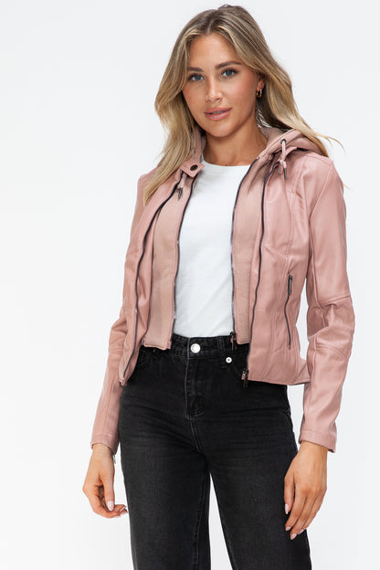 Mauve Faux Leather Zip Up Drawstring Hooded Jacket