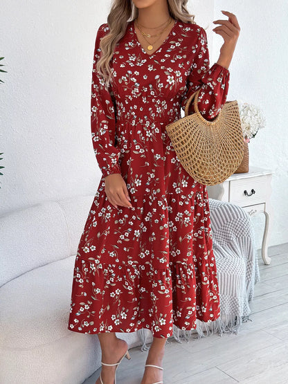 Floral Print Long Sleeve V-Neck Midi Dress - Tigbul's Variety Fashion Shop