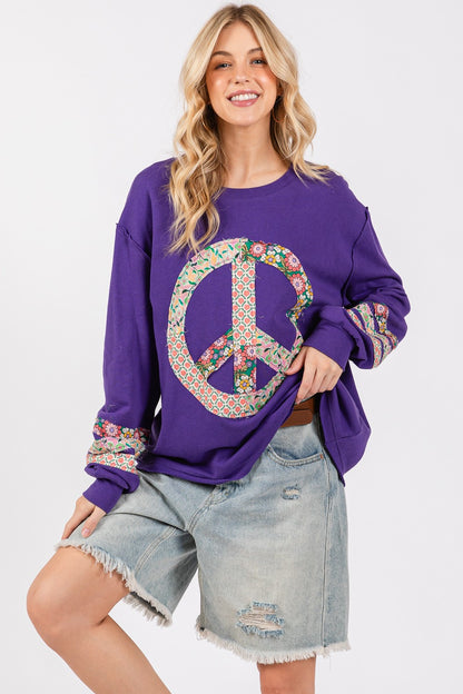 Peace Applique Patch Long Sleeve Top - Tigbul's Variety Fashion Shop