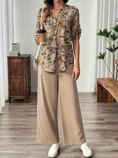 Printed Notched Long Sleeve Top and Pants Set - Tigbul's Variety Fashion Shop