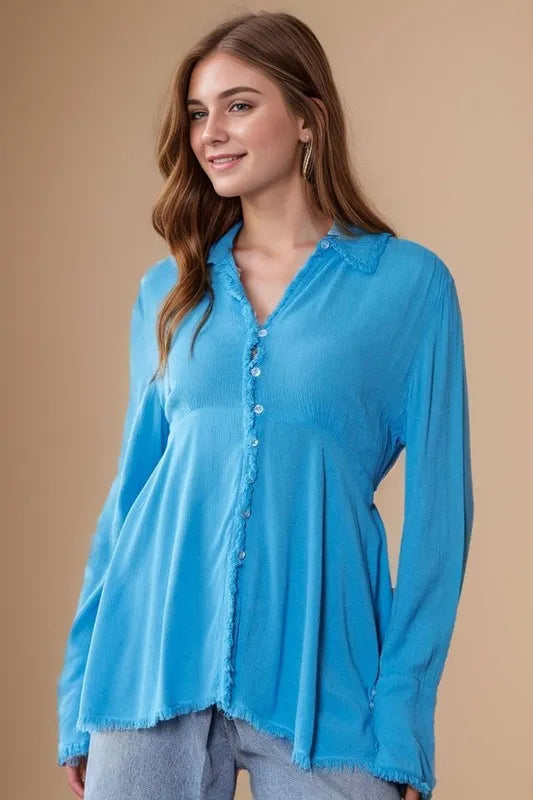 Blue V-Neck Open Back Adjustable Babydoll Shirt - Tigbul's Variety Fashion Shop
