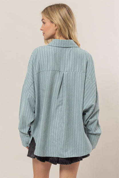 Stripe Button Down Long Sleeve Oversized Shirt - Tigbul's Variety Fashion Shop