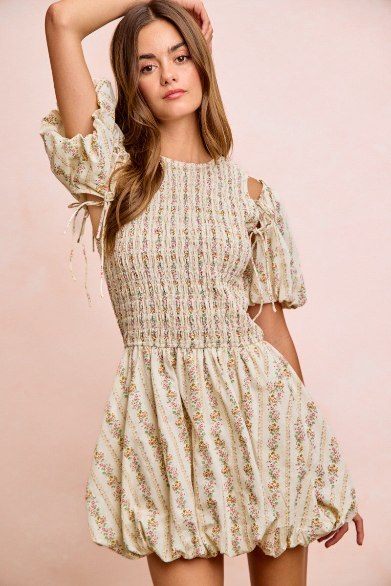 Ivory floral puff sleeve mini dress with gathered waist and full skirt