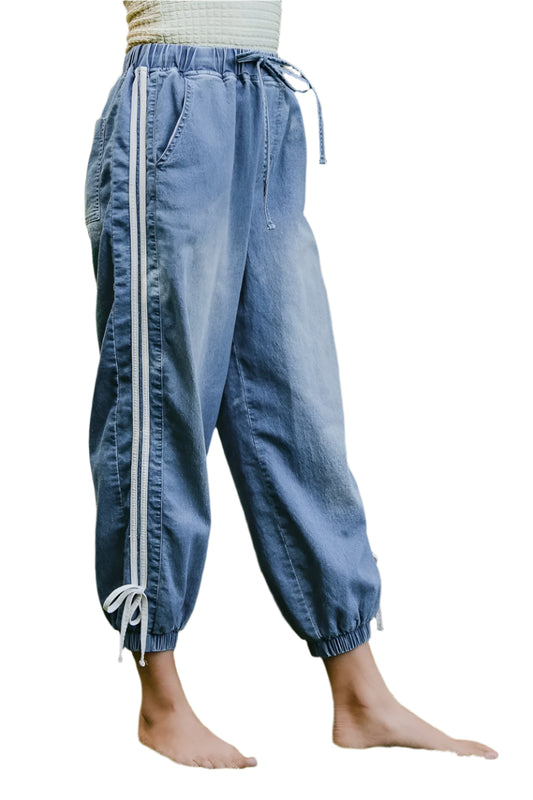 BiBi Striped Tape Details With Bot Tied Point Elastic Waist Jeans - Tigbul's Variety Fashion Shop