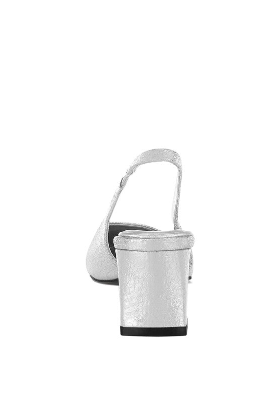 Amberin Crinkled Silver Metallic Square Toe Slingback Heels - Tigbul's Variety Fashion Shop
