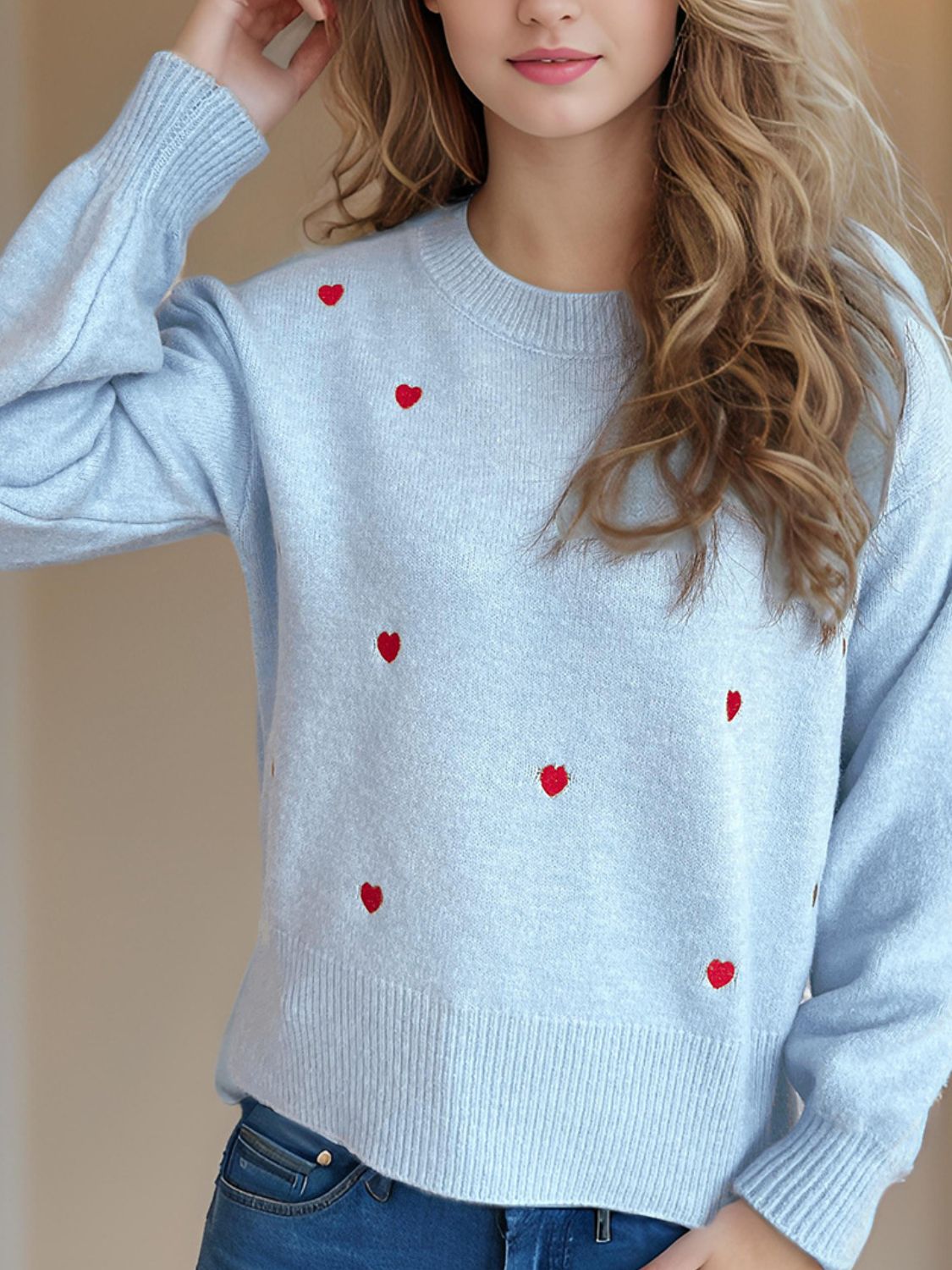 Heart Round Neck Long Sleeve Sweater - Tigbul's Variety Fashion Shop