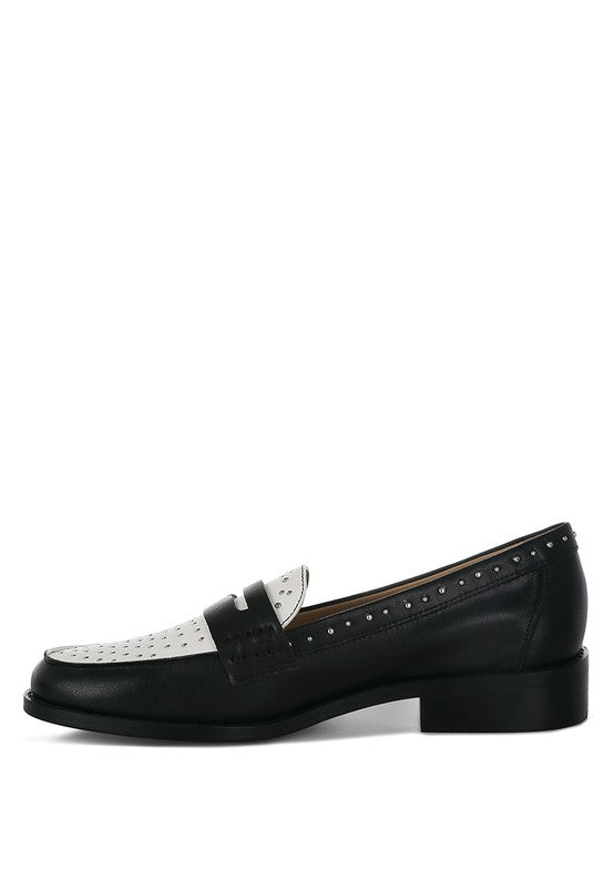 Raisa Stud Embellished Genuine Leather Penny Loafers | Tigbuls