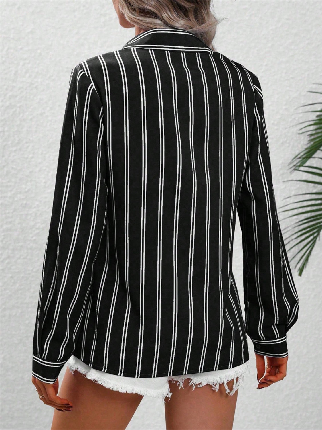 Striped Collared Neck Long Sleeve Shirt - Tigbul's Variety Fashion Shop