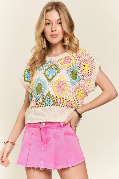 Tan Multicolor Crochet Top - Tigbul's Variety Fashion Shop