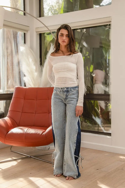 BiBi Textured Sheer Boat Neck Top - Tigbul's Variety Fashion Shop