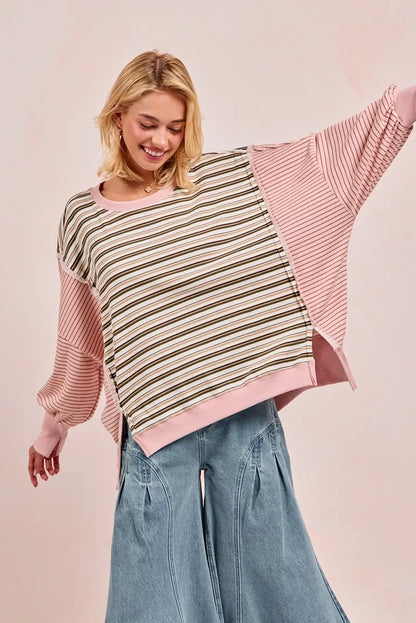 BiBi Stripe Mixed Top With Cut Edge And Reverse Outseam - Tigbul's Variety Fashion Shop