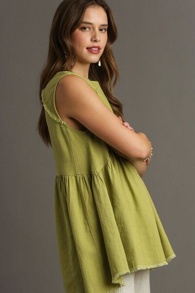 Yellow-Green Raw Hem Linen Round Neck Sleeveless Top - Tigbul's Variety Fashion Shop