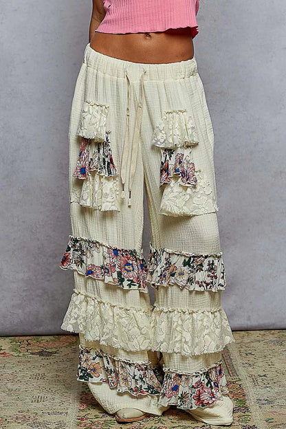 POL Drawstring Double Gauze Wide Leg Pants with Print and Lace Ruffle - Tigbul's Variety Fashion Shop
