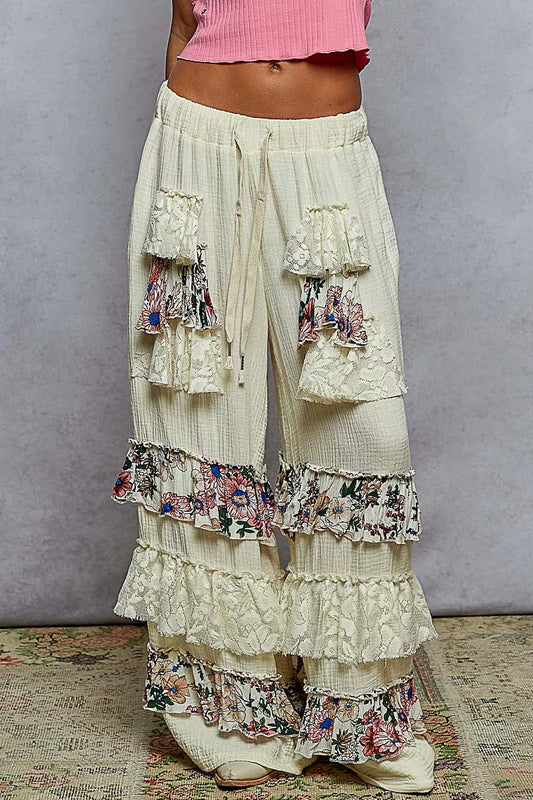 POL Drawstring Double Gauze Wide Leg Pants with Print and Lace Ruffle - Tigbul's Variety Fashion Shop