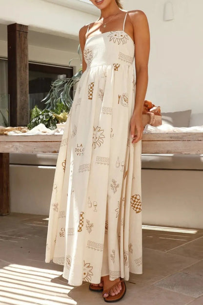Cutout Back Printed Square Neck Maxi Cami Dress - Tigbul's Variety Fashion Shop