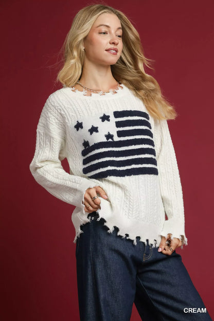 Umgee Distressed American Flag Sweater - Tigbul's Variety Fashion Shop