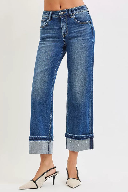 RISEN Mid Rise Ankle Straight Jeans with Cuffed Hem - Tigbul's Variety Fashion Shop