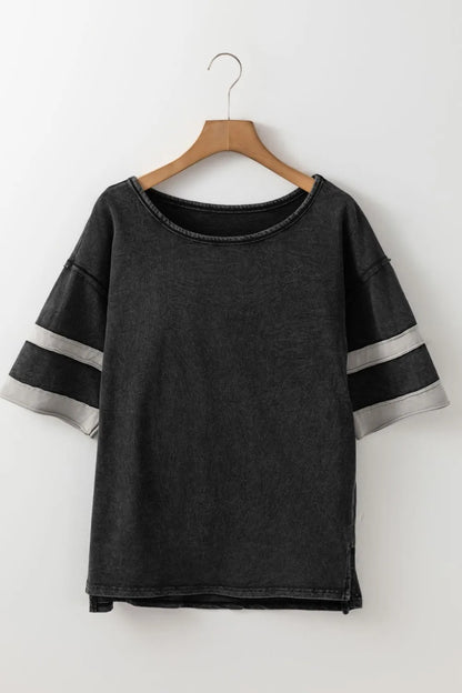 Contrast Round Neck Half Sleeve Black T-Shirt - Tigbul's Variety Fashion Shop