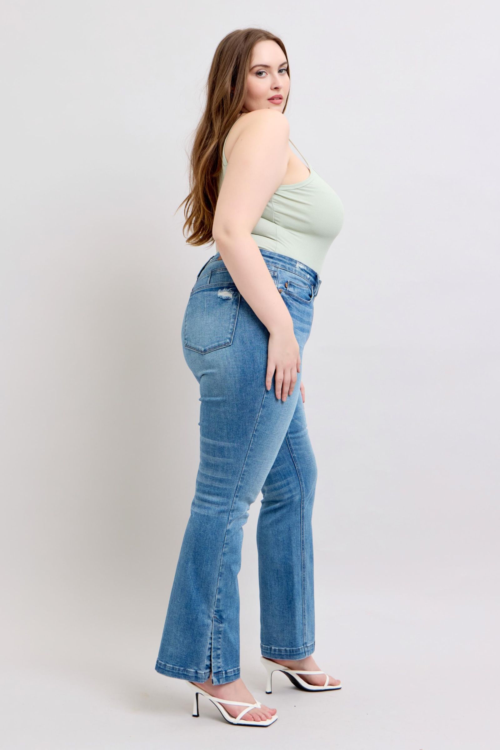 Judy Blue HW Tummy Control Vintage Wash Side Slit Slim Boot Jeans - Tigbul's Variety Fashion Shop