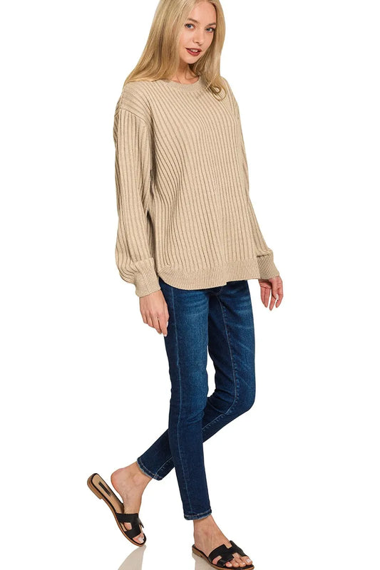 Zenana Curved Hem Two-Tone Ribbed Sweater - Tigbul's Variety Fashion Shop