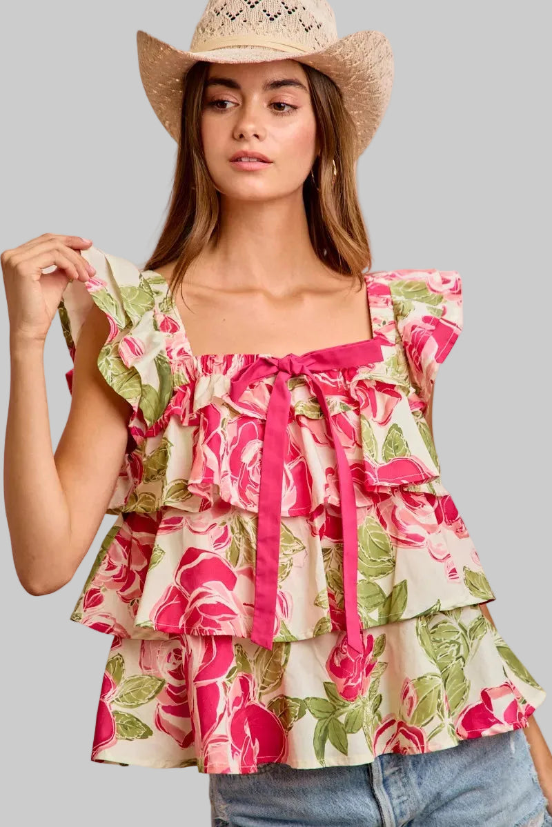 Pink Floral Print Woven Bow Tie Ruffle Square Neck Top | Tigbuls